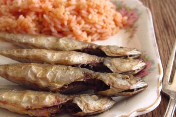Portuguese Fried Horse Mackerel with Tomato Rice on a serving platter