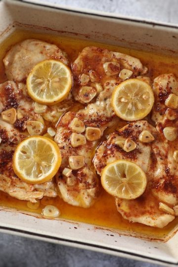 Easy baked lemon chicken in a baking dish